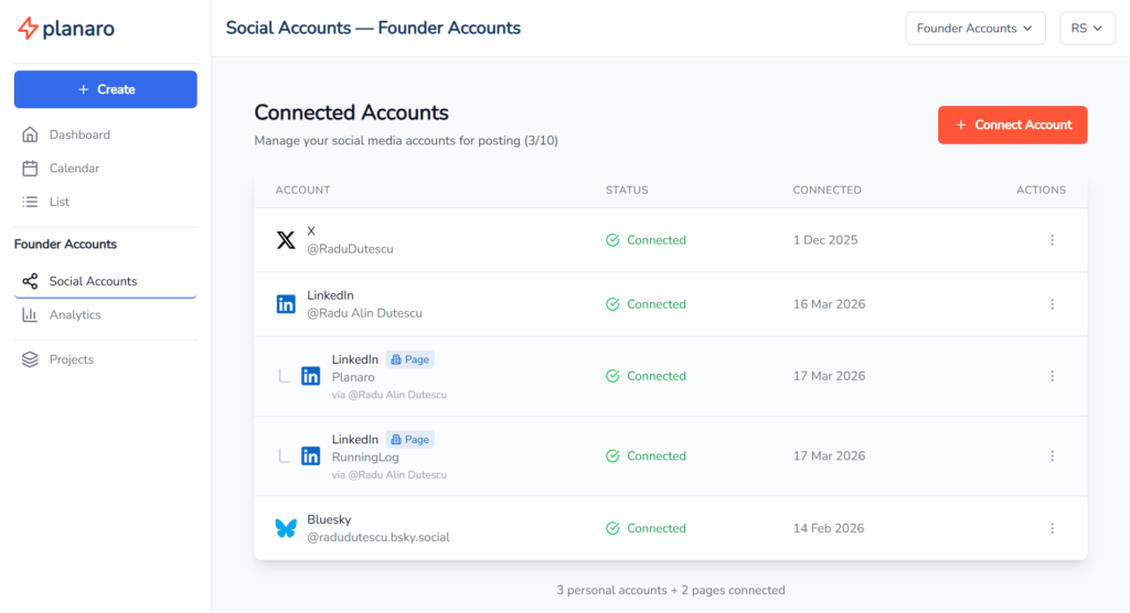 Planaro Social Accounts with Linkedin Pages
